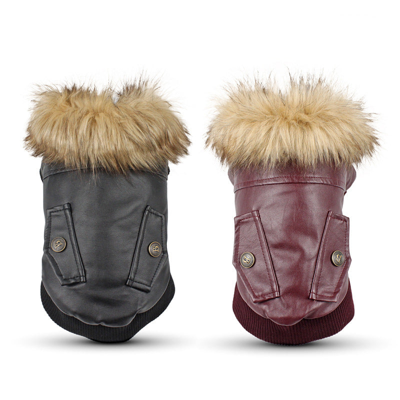 Autumn And Winter Clothes Dog Fur Collar Leather Coat - Pimmbi
